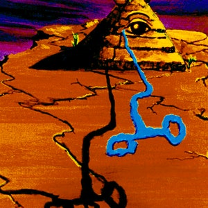 May include: A pyramid with an eye on its face is crying a blue tear onto a cracked, orange and brown surface. The pyramid is set against a dark purple and green background.