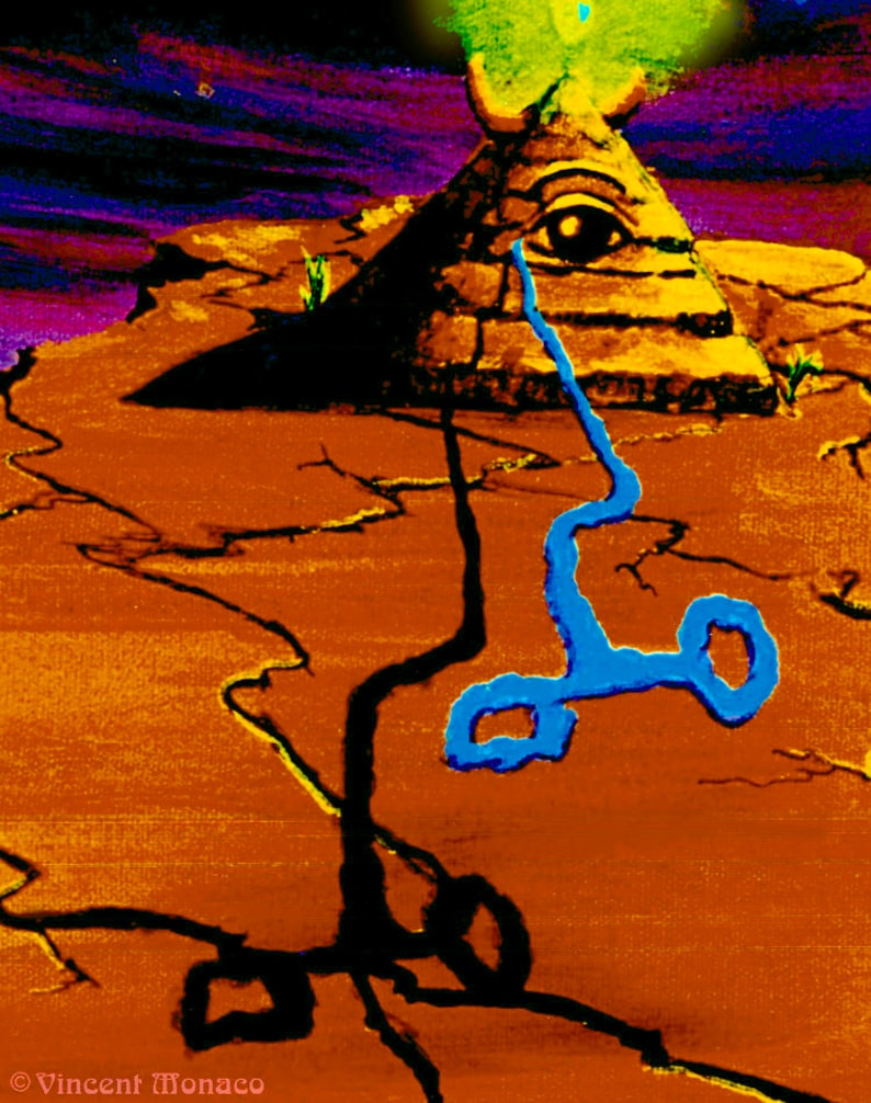 May include: A pyramid with an eye on its face is crying a blue tear onto a cracked, orange and brown surface. The pyramid is set against a dark purple and green background.