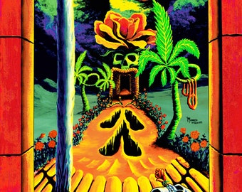 Blacklight Tapestry: 1990s Psychedelic Skull Garden Art by Vincent Monaco