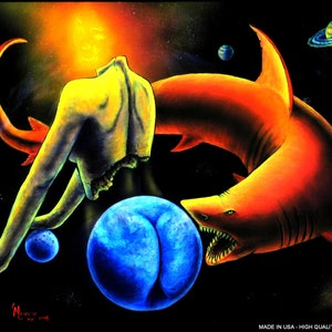 Vintage 1990&#39;s blacklight poster trippy space shark psychedelic surreal wall decor cool glow black light art paintings by Vincent Monaco