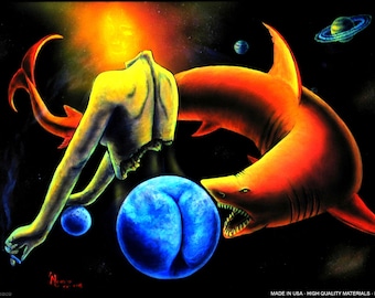 Vintage 90s Blacklight Poster: Trippy Space Shark Art by Vincent Monaco