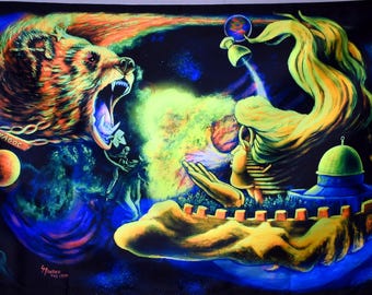 Blacklight Tapestry: UV Reactive Psychedelic Space Bear Art Wall Hanging