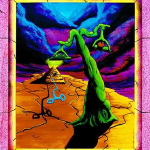 May include: A psychedelic painting of a green tree with a scale on each side. The tree is growing out of a cracked, brown earth. A pyramid with an eye is in the background. The sky is a vibrant purple and blue.