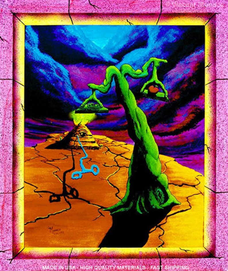 May include: A psychedelic painting of a green tree with a scale on each side. The tree is growing out of a cracked, brown earth. A pyramid with an eye is in the background. The sky is a vibrant purple and blue.