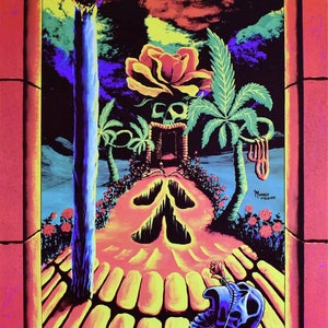 Vintage 1990&#39;s blacklight poster for UV stoner cool trippy hippie room wall art Decor of psychedelic Grateful Dead skull by Vincent Monaco