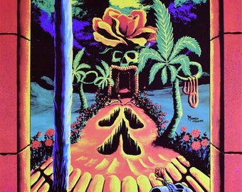 Vintage 1990's Blacklight Poster for UV Stoner Cool Trippy Hippie Room Wall Art Decor of Psychedelic  Grateful Dead Skull by Vincent Monaco