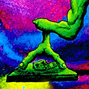 May include: A green, three-fingered hand with a large arm reaching down to press on a black platform. The platform has a green, textured surface and a green, textured object on top of it. The background is a vibrant mix of pink, purple, blue, and green.