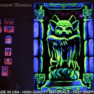 Gargoyle blacklight tapestry UV black light reactive for cool Goth Art hippie room decor with Gothic glow wall hanging by Vincent Monaco