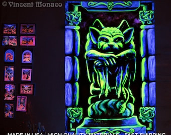 Gargoyle Blacklight Tapestry: Gothic UV Reactive Wall Hanging