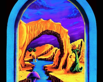 Blacklight Tapestry: Triassic Pond, Psychedelic Mushroom Dinosaur Art