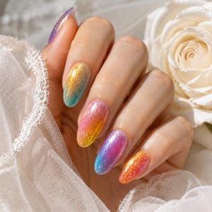 Peut inclure: Ongles de forme ovale arborant un dégradé multicolore avec une finition scintillante et réfléchissante. Les couleurs varient entre des nuances de jaune, bleu sarcelle, rose, violet et orange, créant un effet irisé vibrant sur chaque ongle.