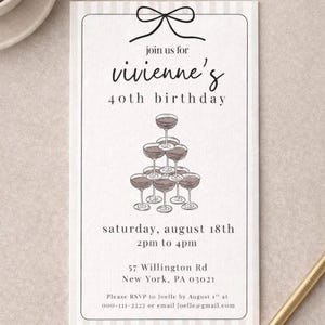 quarantième invitation d'anniversaire élégante | tour à champagne avec fond rayé beige | le modèle numérique peut être utilisé comme 30e, 50e, 60e, 70e