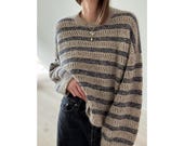 Lace Loop Sweater Knitting Pattern, Top Down Sweater Pattern, Striped Eyelet Knit Sweater, Women Oversized Pullover PDF, XS-XXL