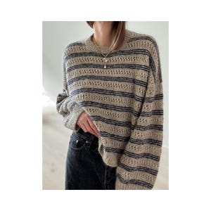 Lace Loop Sweater Knitting Pattern, Top Down Sweater Pattern, Striped Eyelet Knit Sweater, Women Oversized Pullover PDF, XS-XXL