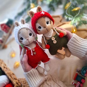 May include: Two handmade crochet dolls, one in a red outfit and the other in green, each with a matching hat. The dolls have button eyes and are held in front of a blurred background with Christmas decorations. The dolls are approximately 6 inches tall.