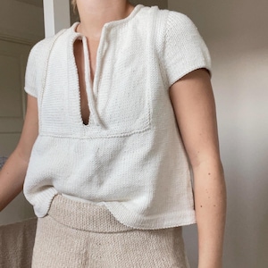 Wzór na koszulkę z muszli, wzór na bluzkę z krótkim rękawem, wzór na bluzkę letnią, wzór PDF na bawełnianą koszulkę, damski top dzianinowy XS–4XL