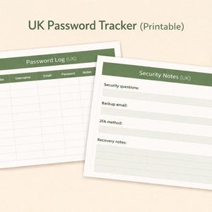May include: Two printable password trackers labelled "UK Password Tracker (Printable)". One sheet is a password log with fields for website, username, email, password, and notes. The other is for security notes. A green pencil and a small potted plant are also visible.