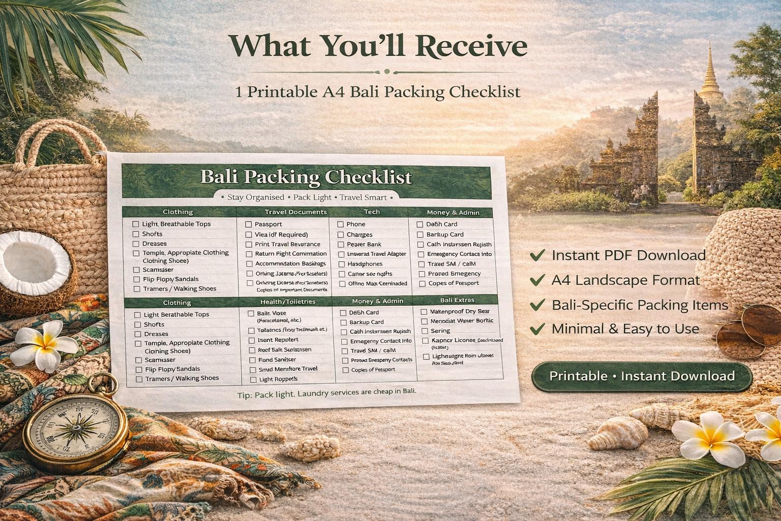 Bali Travel Packing Checklist | Tropical Holiday Planner (A4 PDF ...