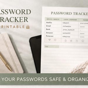 Può includere: Un tracker di password stampabile con un design minimalista. La pagina include sezioni per sito web, nome utente e password. Una penna d'oro e un taccuino sono accanto a uno smartphone. Il testo recita "PASSWORD TRACKER PRINTABLE".
