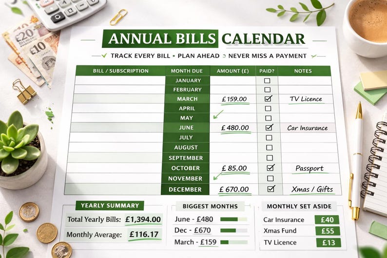 Annual Bills Tracker | UK Printable Budget Planner (PDF Download) - Etsy
