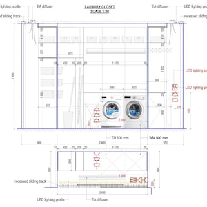 以下が含まれることがあります： ランドリークローゼットの建築図面。詳細なレイアウトとミリメートル単位の寸法が示されています。洗濯機と乾燥機、棚、照明プロファイルが含まれています。「LAUNDRY CLOSET SCALE 1:30」のテキストが表示されています。