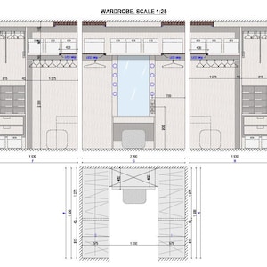 May include: A detailed architectural drawing of a wardrobe, labeled "WARDROBE. SCALE 1:25". The design includes multiple sections with shelves, drawers, hanging rods, and a central vanity area with a mirror. Measurements are in millimeters.