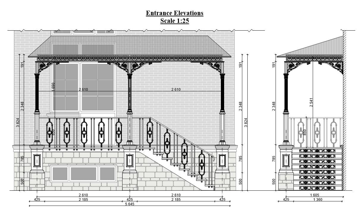Roman Railing Elevation Wrought Iron Stair Railing Entrance Elevation Drawing | Porch Canopy ...