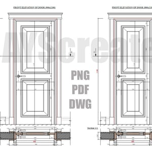 May include: Architectural drawing of two doors, each with a detailed front elevation view. The doors are depicted with panels, hardware, and trim, including measurements. Text on the image includes "FRONT ELEVATION OF DOOR" and file type options: PNG, PDF, DWG.