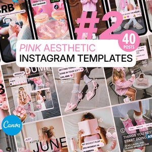 May include: A collage of pink-themed Instagram templates. The text overlay reads "PINK AESTHETIC INSTAGRAM TEMPLATES" with the number "2" and "40 POSTS" in pink. The Canva logo is visible.