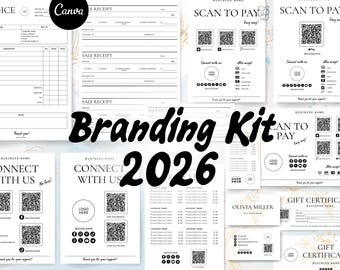 Puede incluir: Un conjunto de plantillas de branding empresarial en blanco y negro. Incluye facturas, recibos, tarjetas "Scan to Pay", tarjetas de visita y certificados de regalo. El texto "Branding Kit 2026" es visible.