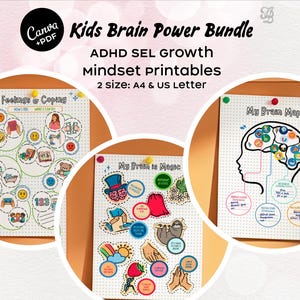May include: A bundle of printable educational materials for kids, featuring the text "Kids Brain Power Bundle." The set includes three illustrated charts: "Feelings & Coping," "My Brain is Magic," and "My Brain Map." The bundle is available in A4 and US Letter sizes.