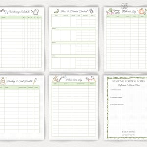 May include: A collection of six printable garden planner pages with green and beige accents. The pages include sections for watering schedules, pest and disease control, harvest logs, feeding and soil health, plant care logs, and seasonal reviews.