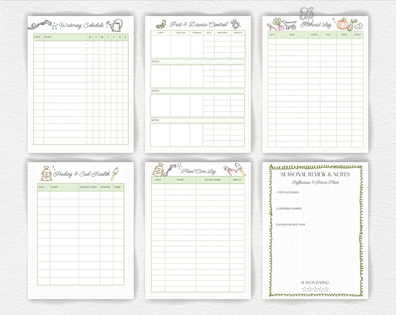 May include: A collection of six printable garden planner pages with green and beige accents. The pages include sections for watering schedules, pest and disease control, harvest logs, feeding and soil health, plant care logs, and seasonal reviews.