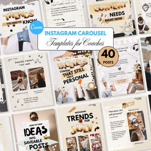 May include: A collection of Instagram carousel templates for coaches, featuring various designs with text like "Instagram Trends" and "Content Needs Right Now." The templates are designed for Canva and include 40 posts.