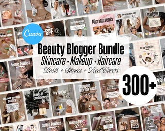 Beauty Blogger Bundle, Canva Templates, Aesthetic Skincare Posts, Makeup Artist Carousels, Haircare Reels, Social Media Kit for Bloggers
