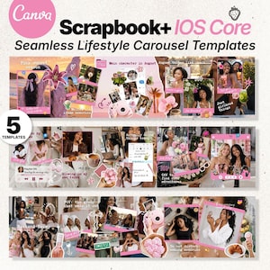 May include: A digital set of five Scrapbook+ iOS Core Seamless Lifestyle Carousel Templates featuring pink accents, collage-style photo layouts, various text overlays, and decorative elements like flowers, hearts, and stars for social media.