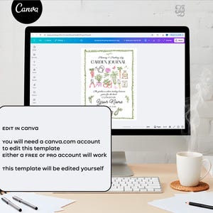 May include: A computer monitor displays a "Garden Journal" template with illustrations of gardening tools and plants. The text on the screen reads "Planning & Tracking Log" and "Your Name." A white box below the monitor states "Edit in Canva" and instructions for editing the template.