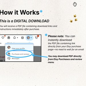May include: Image showing instructions on how to download a digital product from Etsy. Text includes "How it Works," "DIGITAL DOWNLOAD," and instructions on finding the download link in the "Purchases and reviews" section.