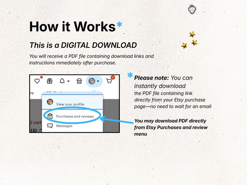 May include: Image showing instructions on how to download a digital product from Etsy. Text includes "How it Works," "DIGITAL DOWNLOAD," and instructions on finding the download link in the "Purchases and reviews" section.