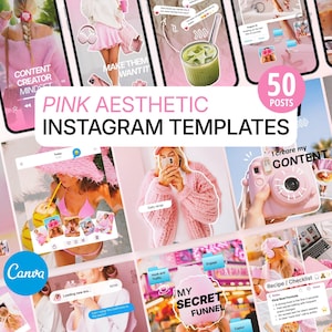 Può includere: Una raccolta di modelli Instagram dall'estetica rosa. L'immagine presenta vari mockup di post di Instagram con sfondi rosa, sovrapposizioni di testo e grafica. Il testo include "Pink Aesthetic Instagram Templates", "50 Posts" e "Canva".