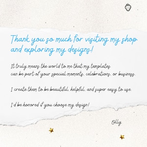 May include: A handwritten message on a torn white paper, with blue cursive text that reads "Thank you so much for visiting my shop and exploring my designs!" Gold star and strawberry illustrations are scattered around the paper.