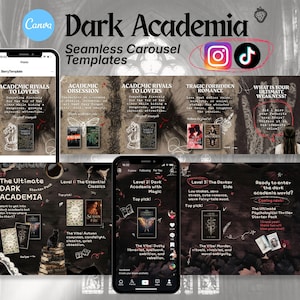 Peut inclure: Un ensemble numérique de modèles de carrousel Dark Academia pour les réseaux sociaux, avec des arrière-plans brun foncé, des illustrations de livres et des textes superposés comme Academic Rivals to Lovers et The Ultimate Dark Academia.