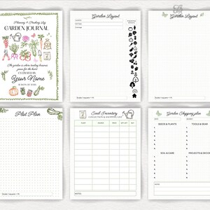 May include: A set of six garden journal pages with a green and white color scheme. The journal includes pages for planning, layout, plot plans, seed inventory, and shopping lists. The cover features the text "GARDEN JOURNAL" and illustrations of garden tools and vegetables.