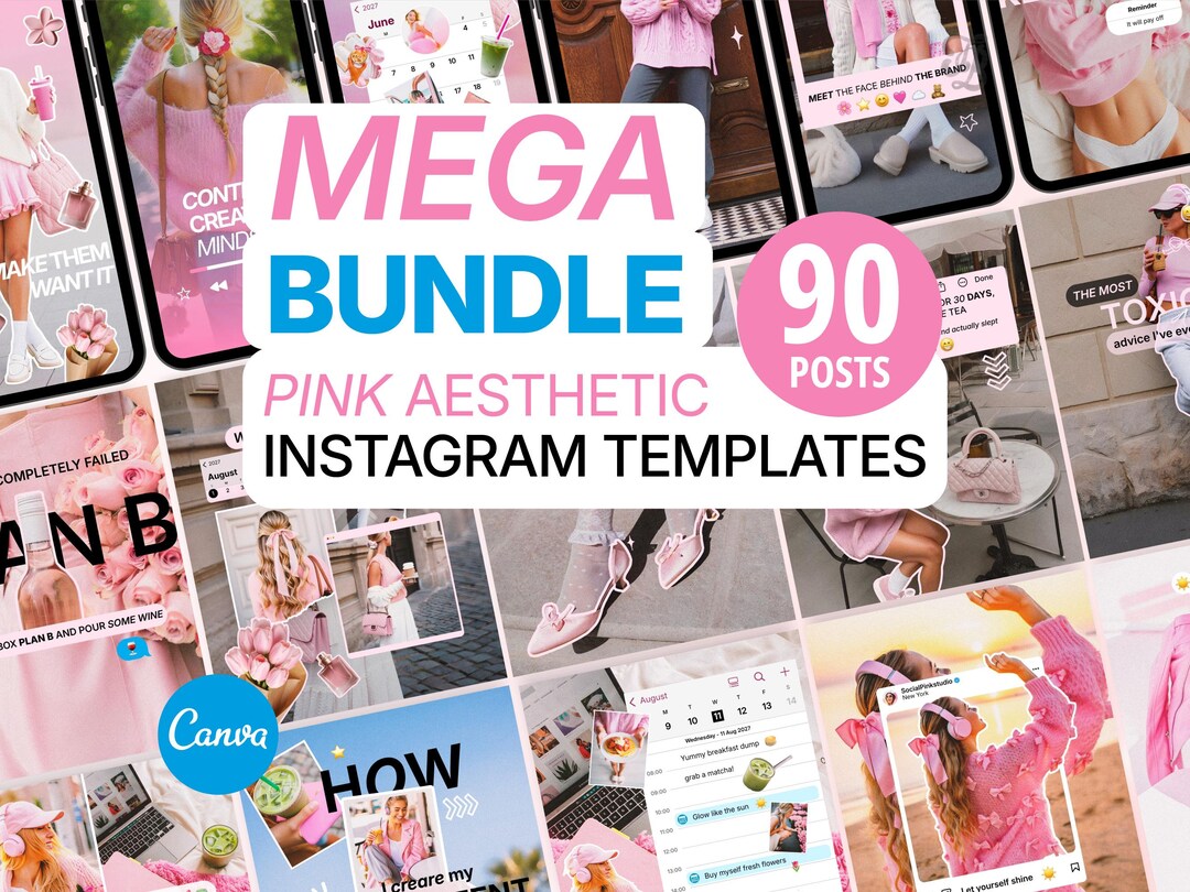 Pink Instagram Templates, Canva Social Media Posts, Scrapbook Feed (90 ...