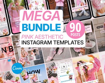 Pink Instagram Templates, Canva Social Media Posts, Scrapbook Feed (90 Posts)