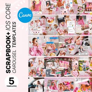 Pode incluir: Um design de modelo Canva rosa e branco para modelos de scrapbook e carrossel iOS. O design inclui várias fotos, balões de texto e gráficos com tema rosa. O logotipo do Canva é visível em um círculo azul. O texto diz "SCRAPBOOK + IOS CORE CAROUSEL TEMPLATES" e "5 TEMPLATES".
