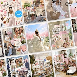 Könnte beinhalten: Eine digitale Collage-Vorlage mit mehreren Fotorahmen, dekorativen Stickern und Texteinblendungen wie Current Obsessions, Weekend Vibes und My Cozy Corner, angeordnet in einem Raster mit sanften rosa und weißen Elementen.
