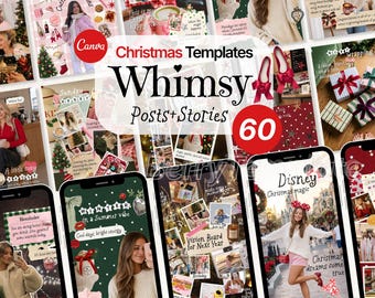 Whimsical Christmas Instagram Templates Bundle, 60 Canva Social Media Posts Stories, Girly Winter Scrapbook Content Kit