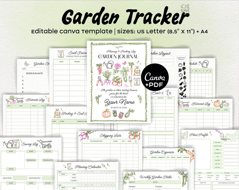May include: A collection of printable garden tracker templates with a light green and white color scheme. The templates include sections for seed inventory, garden journal, harvest log, and planting calendar. The text "Garden Tracker" is at the top.