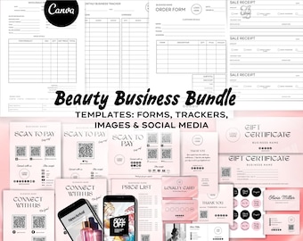 Puede incluir: Una colección de plantillas para un negocio de belleza, que incluye formularios, rastreadores y gráficos para redes sociales. Las plantillas son en blanco y negro, con acentos rosas. La imagen incluye formularios de pedido, recibos, tarjetas de regalo y listas de precios.